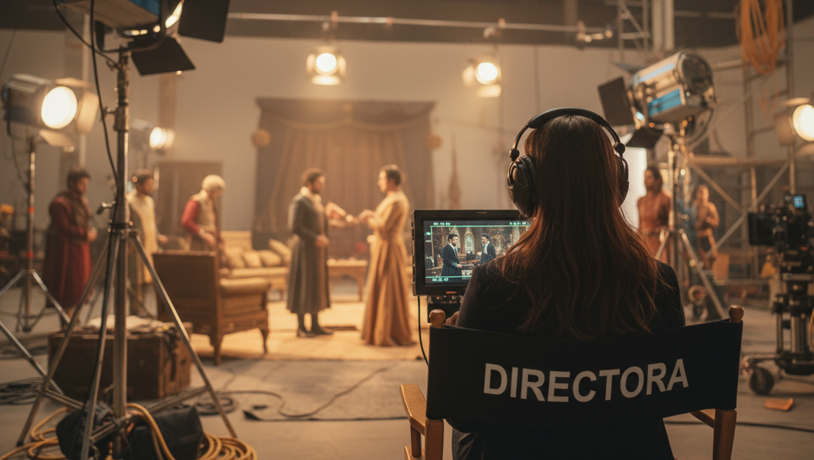 Directora de cine revisando una escena en pleno rodaje sentada en su silla de directora